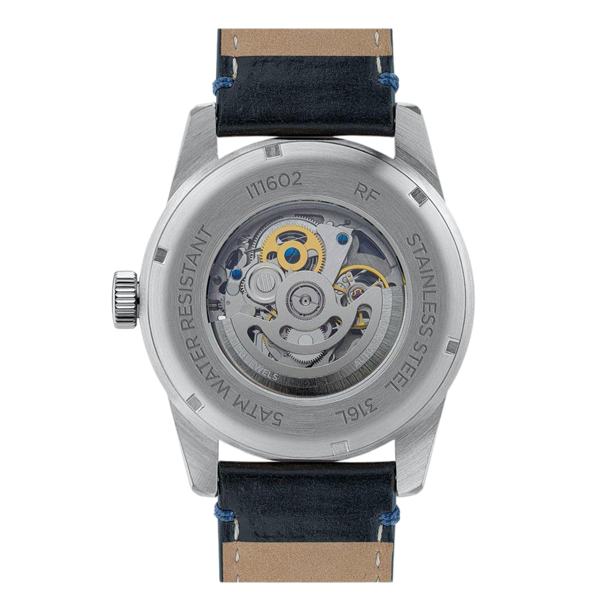 Men's watch with stainless case back and blue leather strap, visible mechanical movement