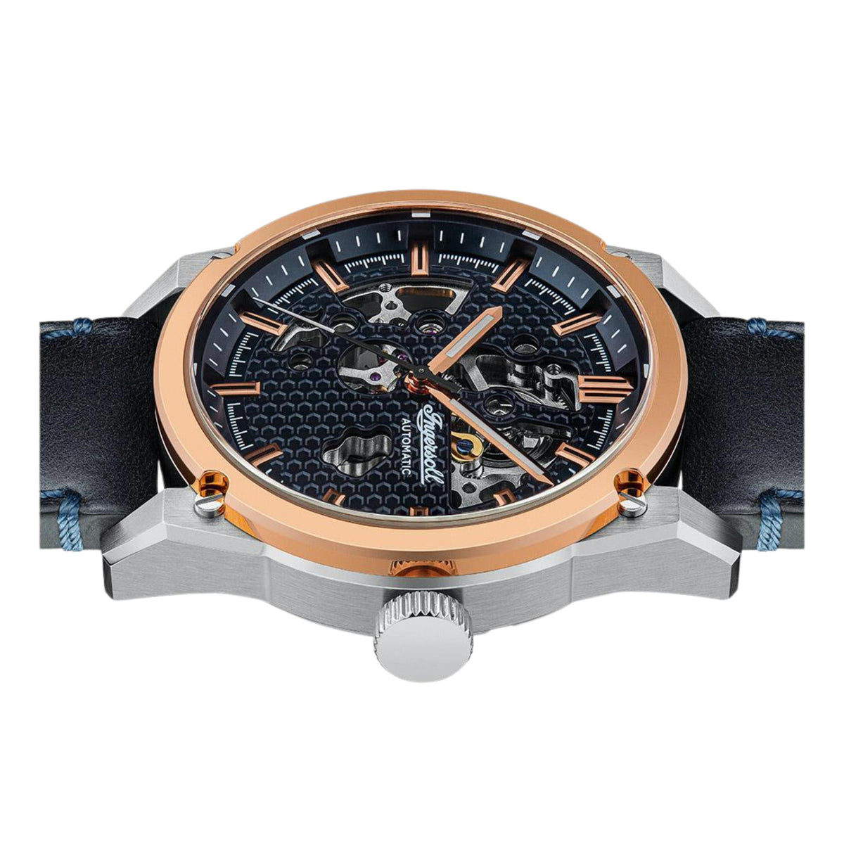 Men's skeleton watch with rose-gold case and dark blue textured dial, rose-gold hands