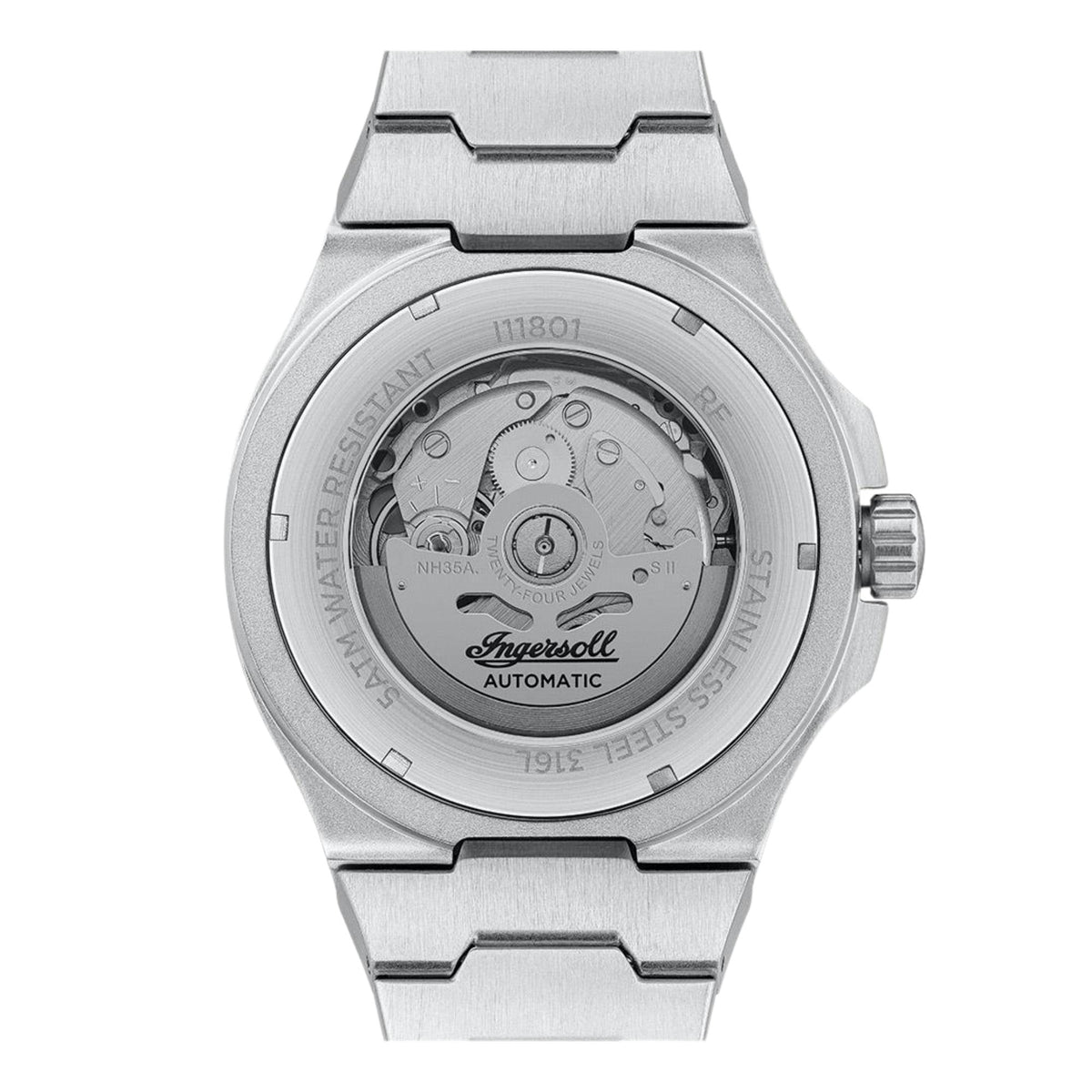 Men's stainless steel automatic watch caseback with engraved rotor and movement