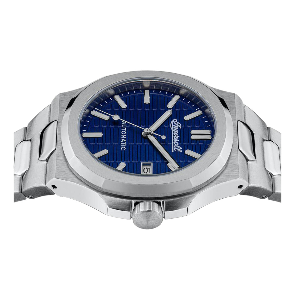 Men's stainless steel automatic watch with blue dial and baton indices, crown at 3