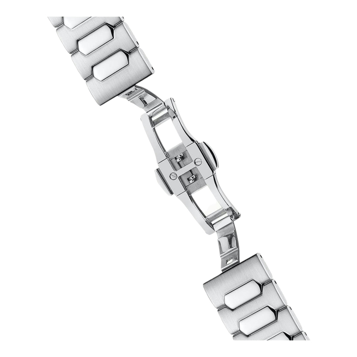 Stainless steel watch bracelet links and clasp side view with hinge
