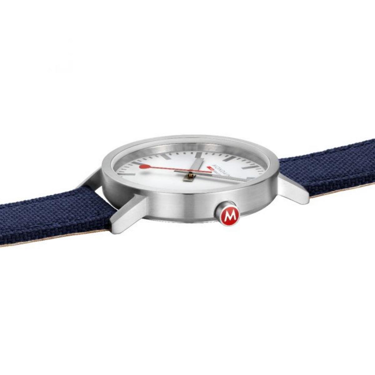 Stainless steel watch case with crown, white dial and red second hand, navy textile strap