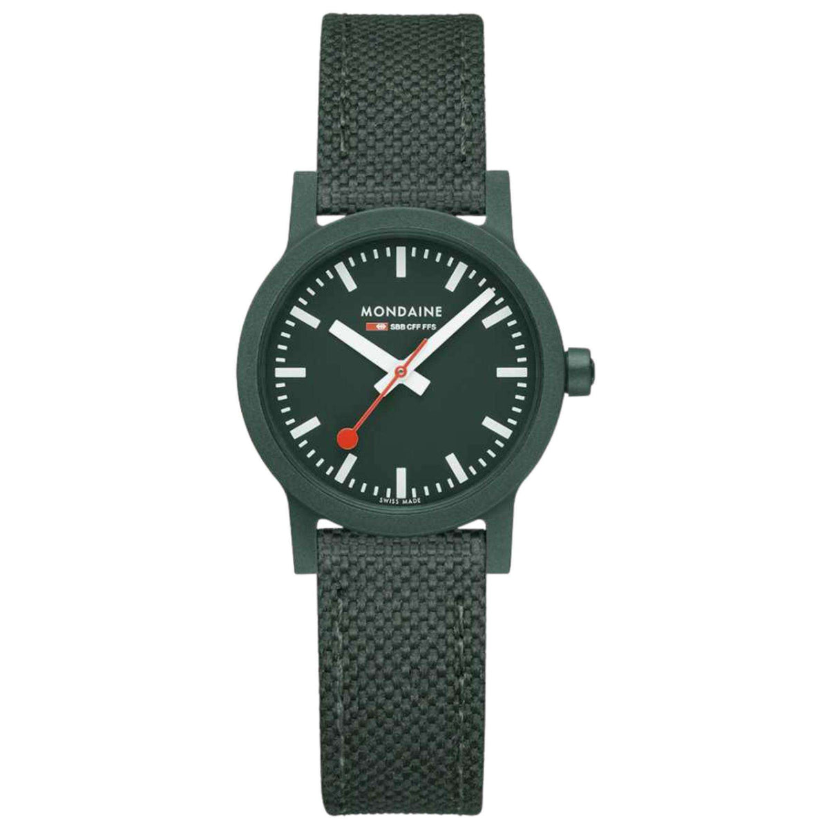 Mondaine Essence quartz wristwatch with dark green dial, crown on right, green textile strap