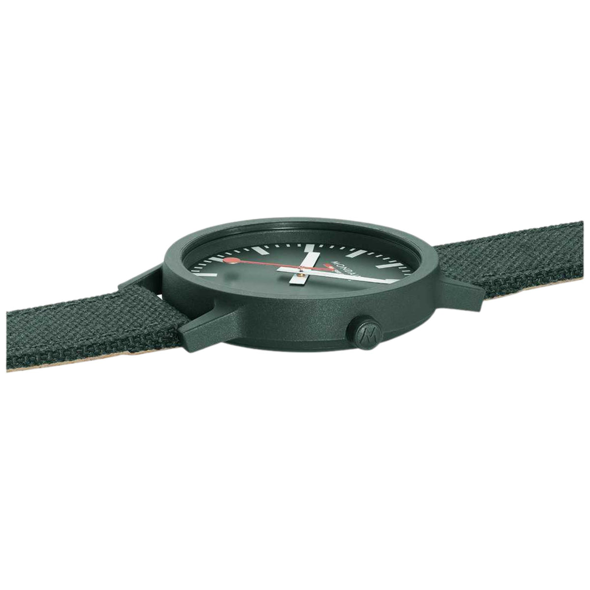Men's Mondaine watch side profile with dark green case, crown detail, and fabric strap