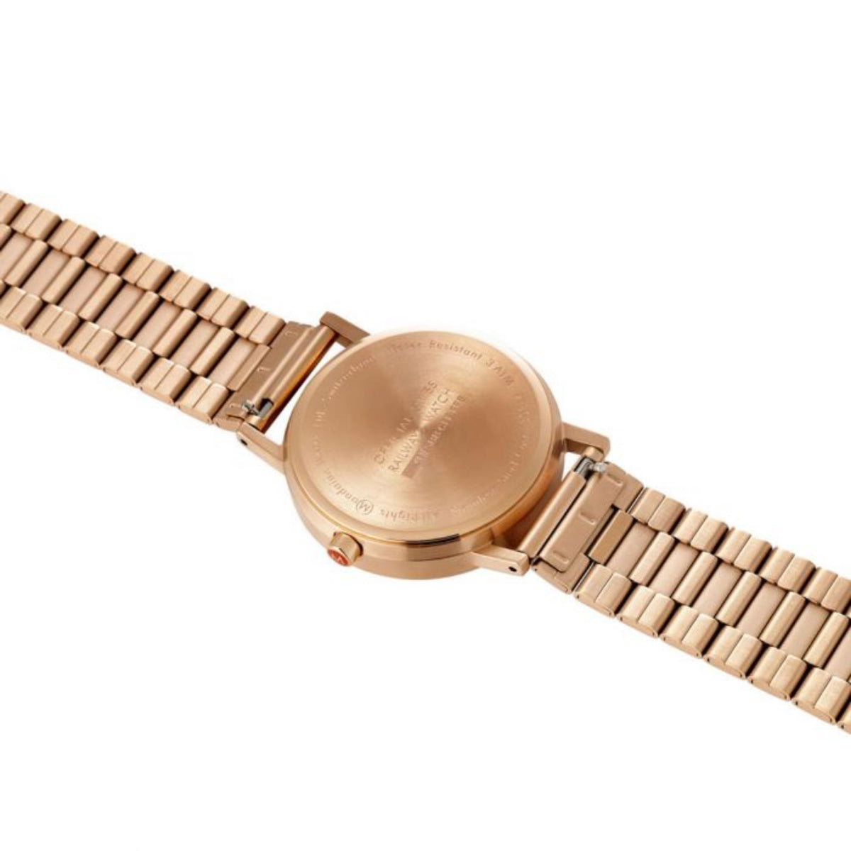 Mondaine Classic A660.30360.16SBR back case view showing engraved brand details and steel bracelet attachment
