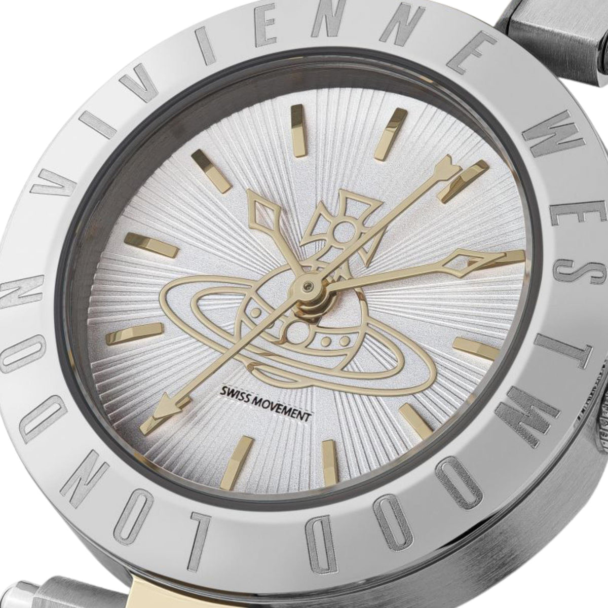 Two-tone stainless steel bracelet watch with silver dial, gold Roman numerals and hands