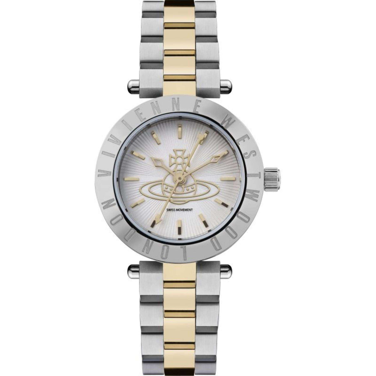 Two-tone stainless steel ladies watch front view with white dial and gold-accented markers