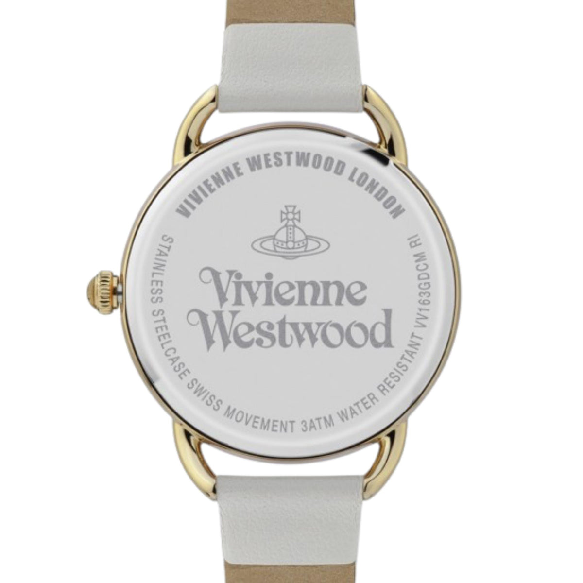 Ladies quartz wristwatch back view with engraved branding on case and cream leather strap