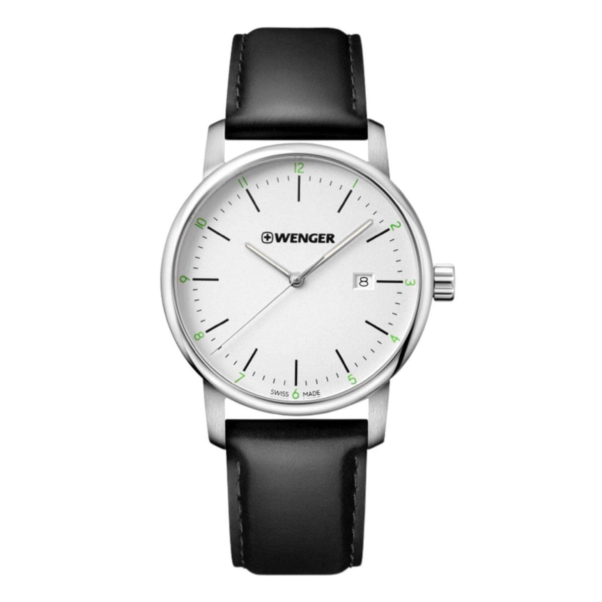 Men's quartz wristwatch: white dial with green markers, silver case, black leather band