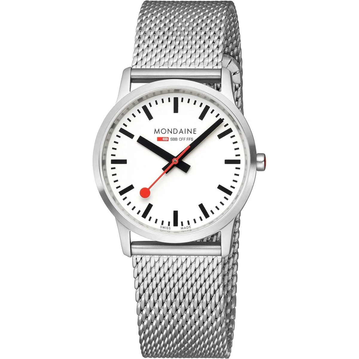 Mondaine Simply Elegant A400.30351.16SBZ minimalist wrist watch, full front view featuring iconic red second hand