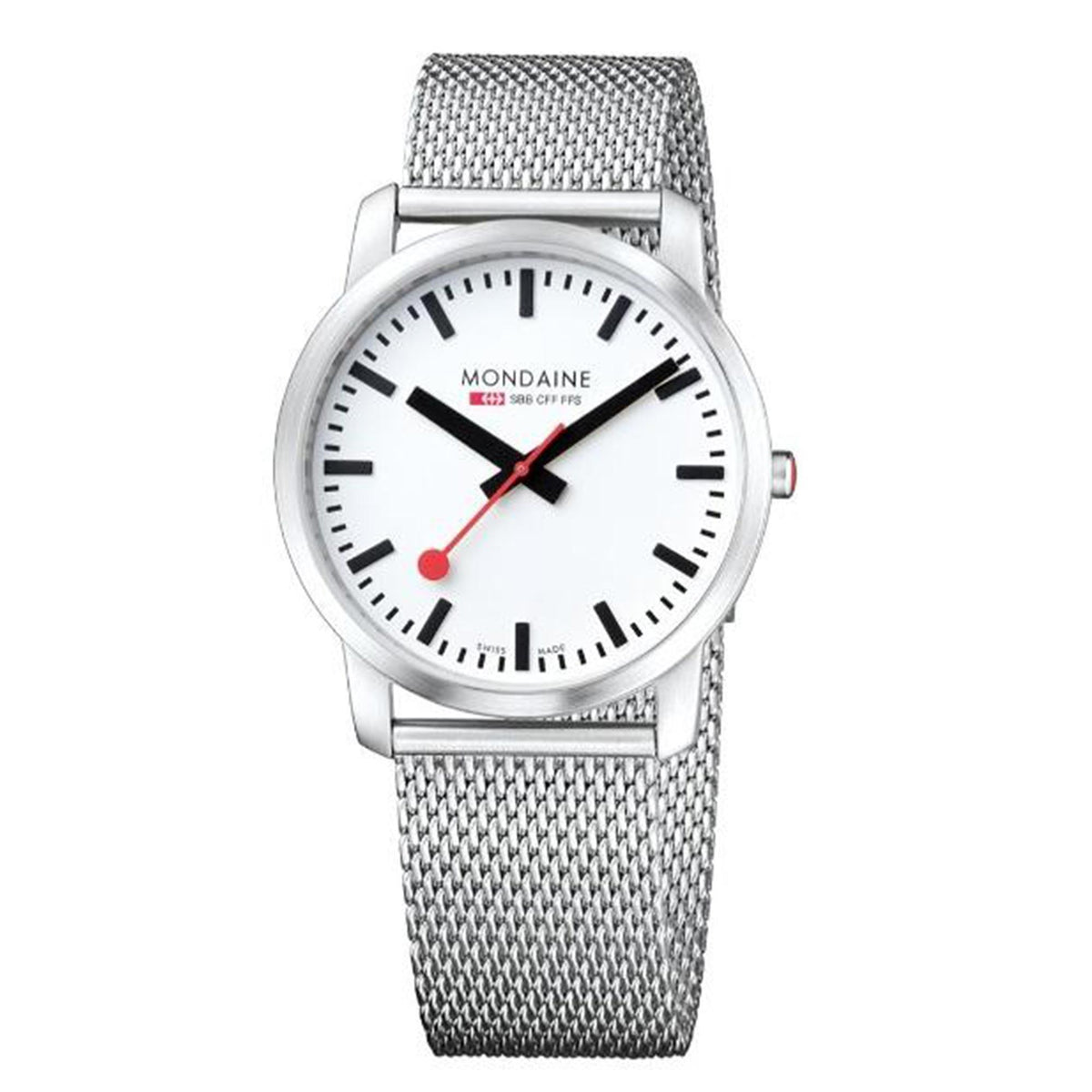 Front-angle product view of Mondaine Simply Elegant A638.30350.16SBZ Swiss Railways watch showcasing the signature red second hand