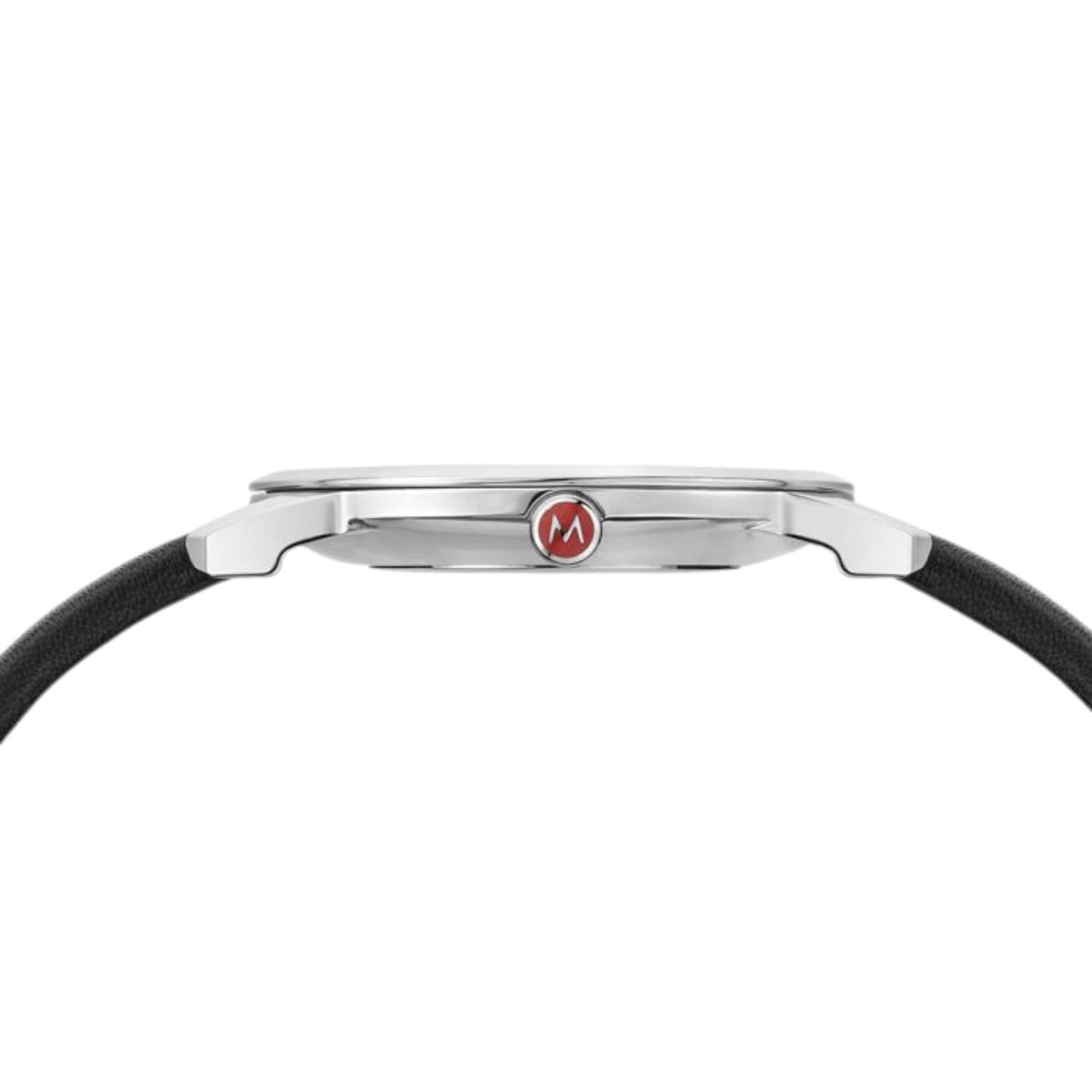 Quartz wristwatch side view with black leather strap and silver-tone case with crown