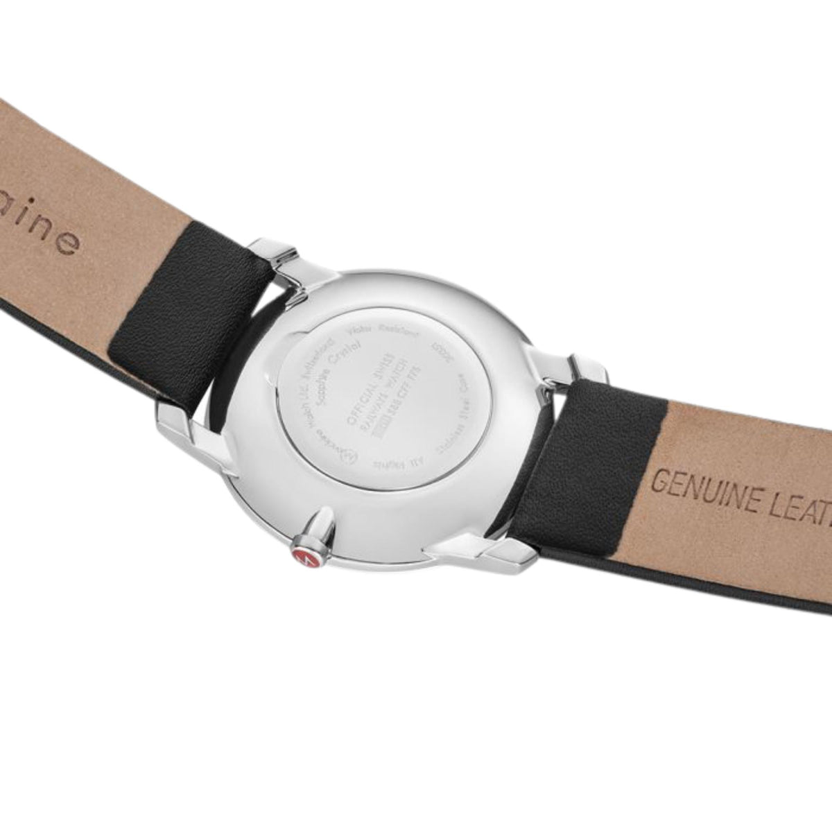 Quartz watch case back with engraved markings, black leather strap and metal buckle
