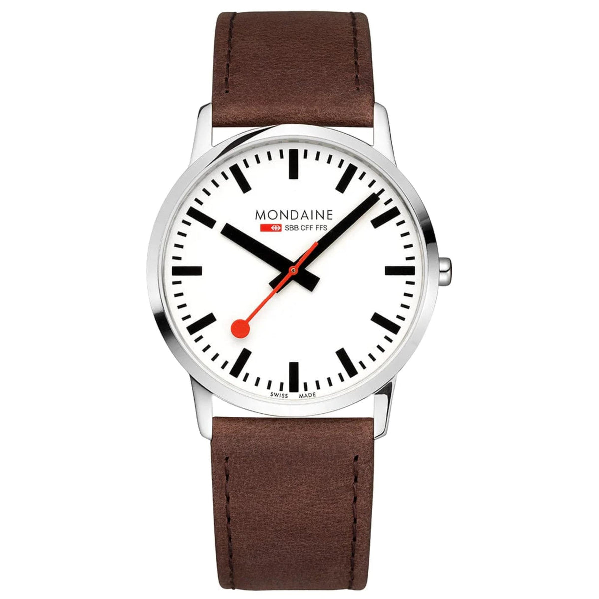 Men's watch with white dial, black hour markers, red accents, brown leather strap