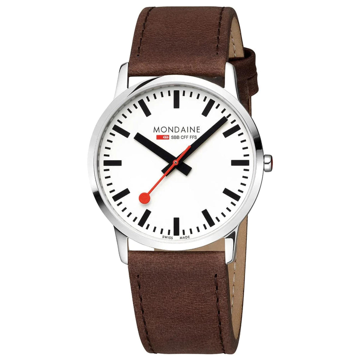 Men's watch angled view with white dial, red center hand, brown leather strap
