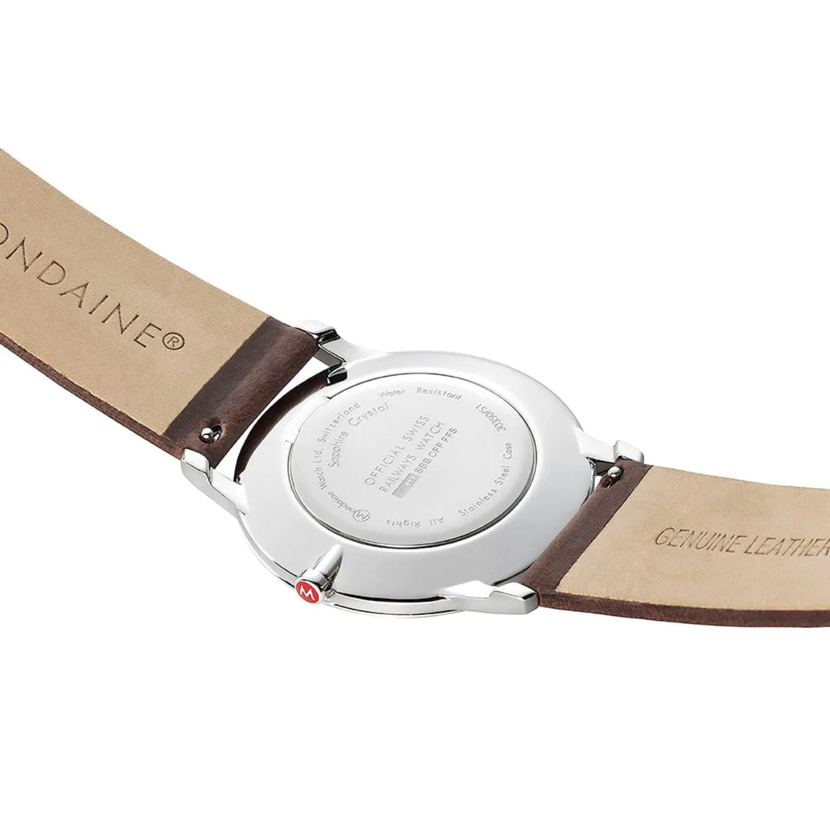 Men's watch with case back and brown leather strap labeled 'Genuine Leather'
