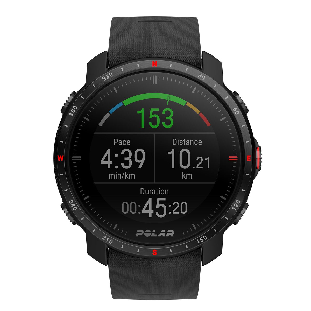 Black round smartwatch with rubber strap showing speed and distance metrics on dark display.