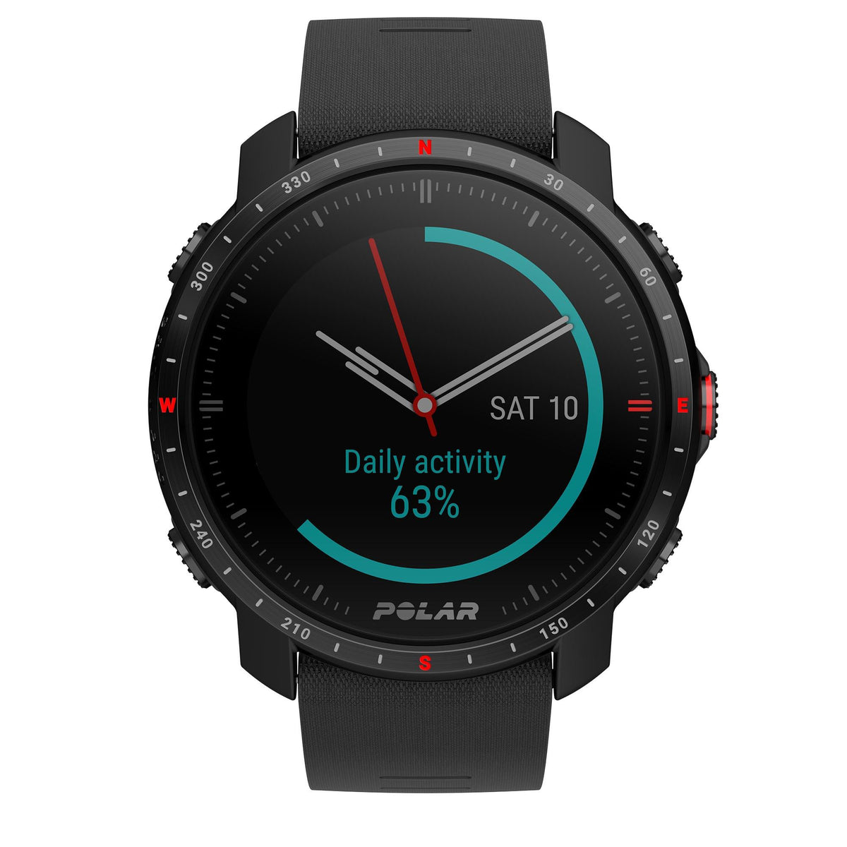 Black round smartwatch with rubber strap showing daily activity percent on dark screen.
