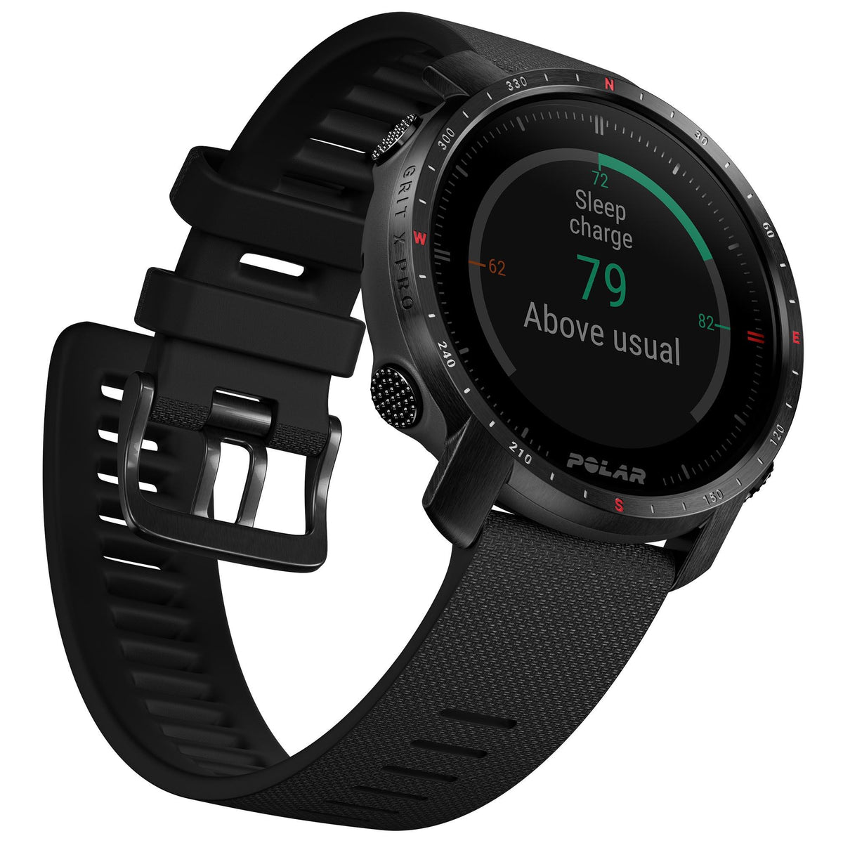 Black sport smartwatch close-up with charging screen and black rubber strap