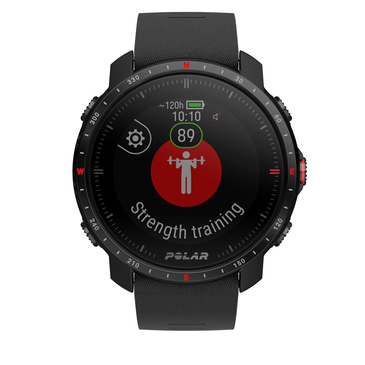 Black rubber strap sport watch with black dial showing strength training and 120