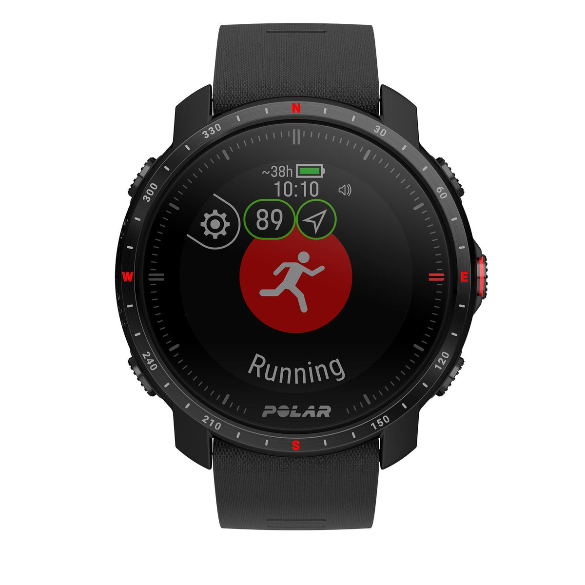Black smartwatch with rubber strap showing running icon and pace on dark display.