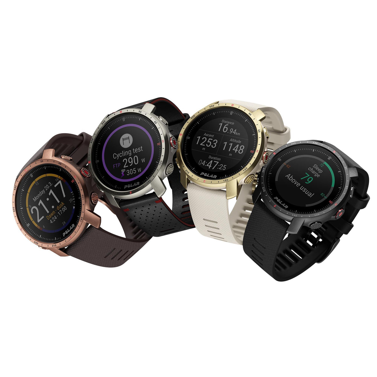 Assorted Polar sports watches with round screens and rubber straps in dark, white, and copper tones.