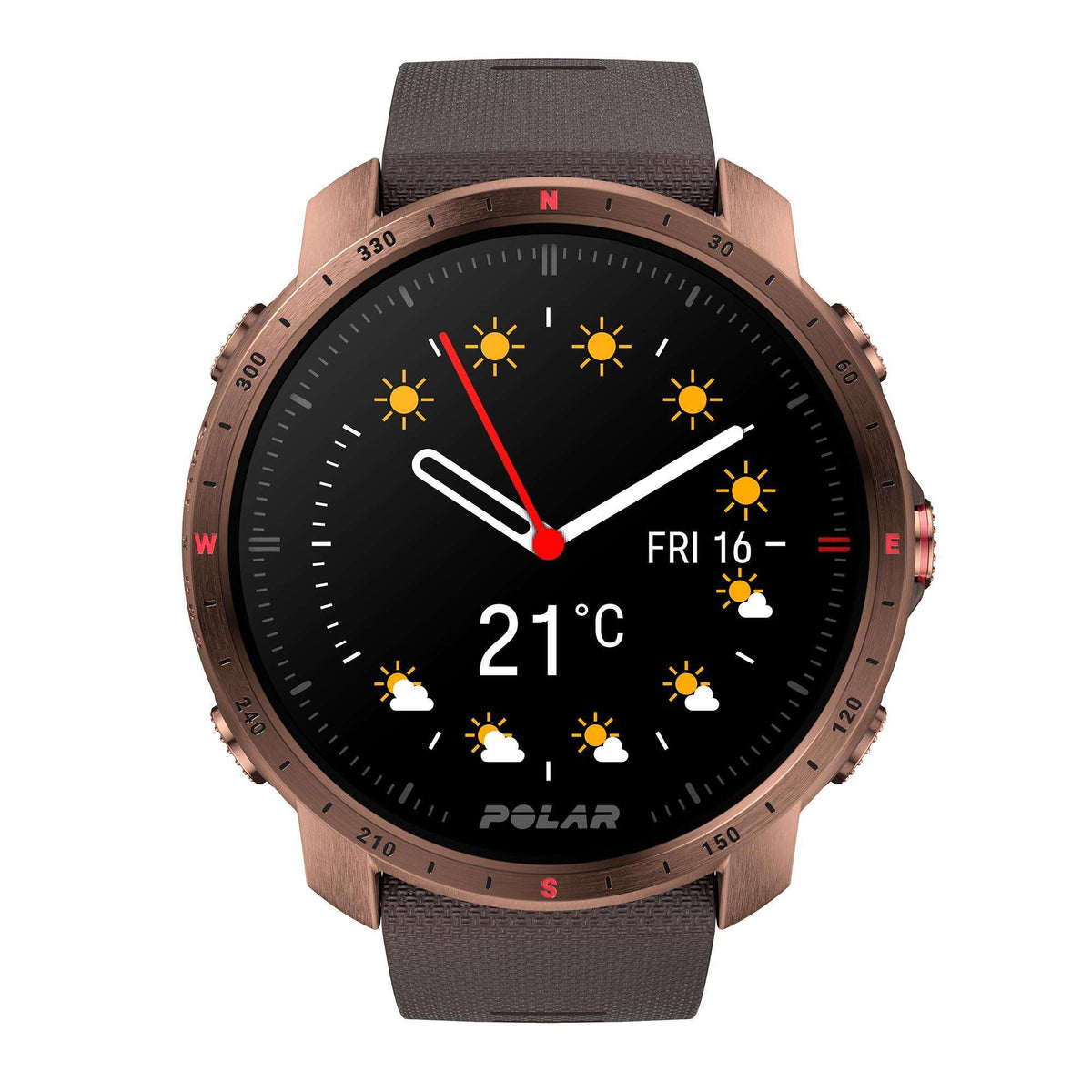 Men's smartwatch weather display with sun icons and “21°C” on black dial
