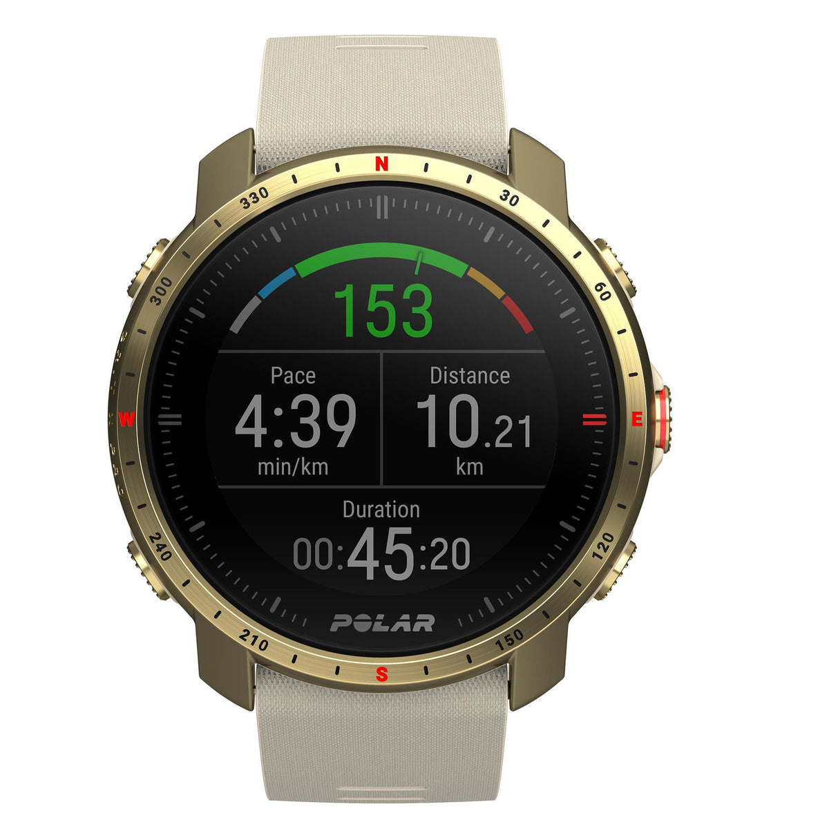 Unisex sports watch, black digital face with green speed 153, gold bezel, cream strap