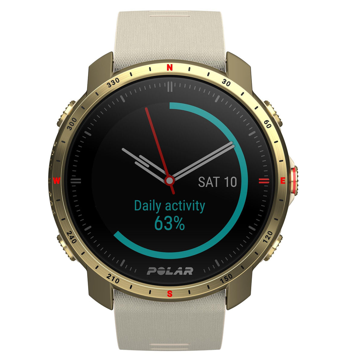 Unisex sports watch with black dial, gold bezel, cream strap displaying Daily activity 63%