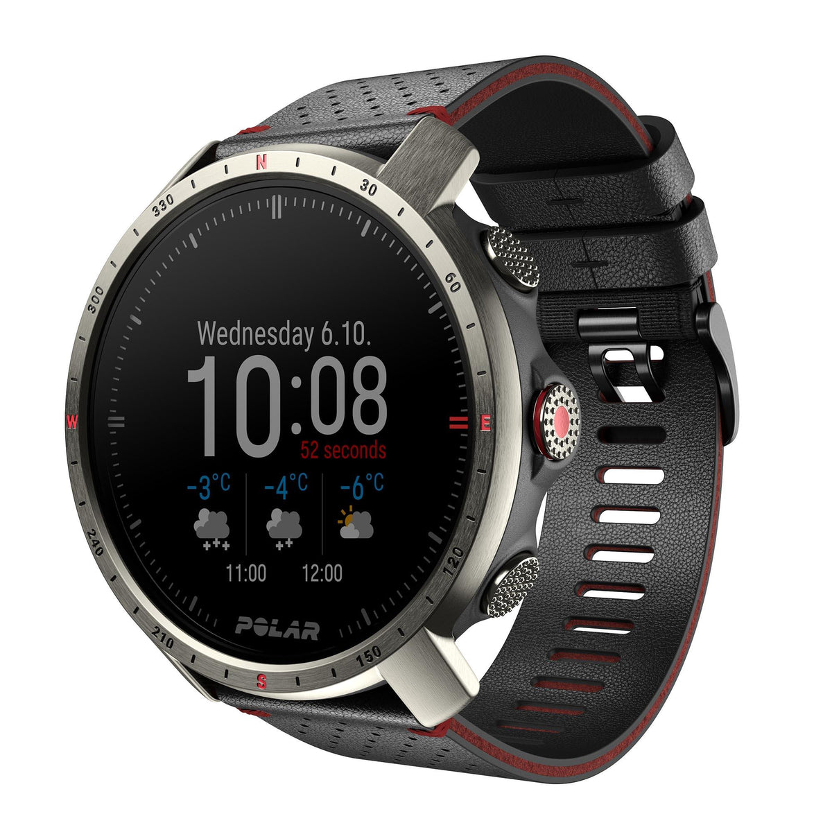 Titan grey sports watch, black dial with 10:08, black rubber strap with red accents, side view