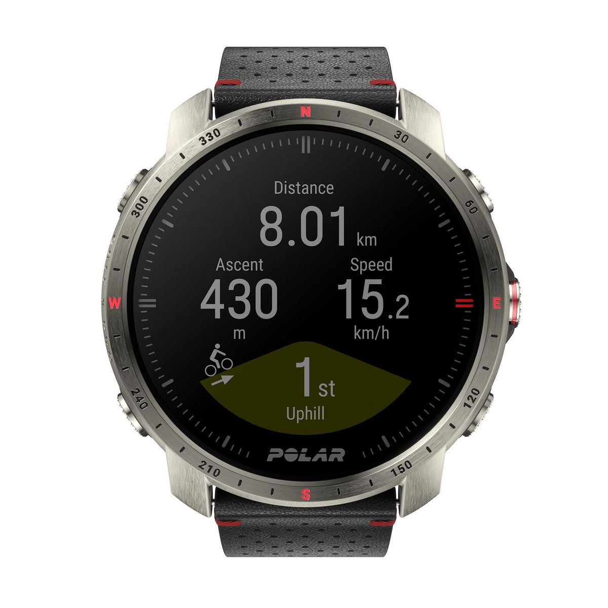 Titan grey sports watch with black dial and black rubber strap, distance 8.01 km and speed 15.2