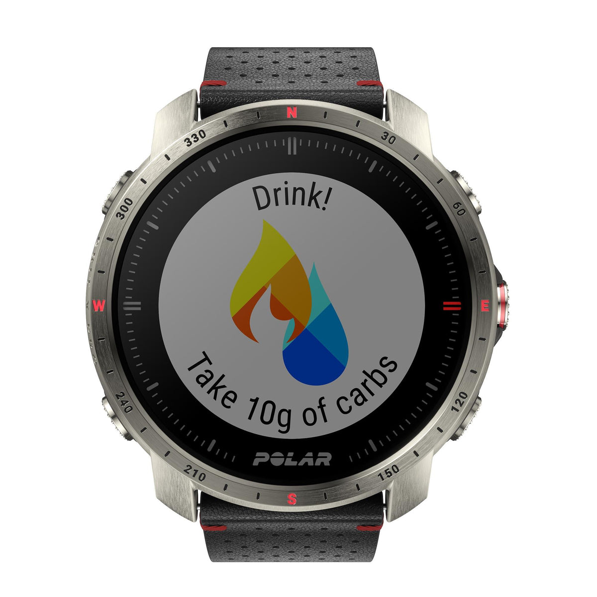 Titan grey sports watch with black dial and black rubber strap, “Drink!” timer ring