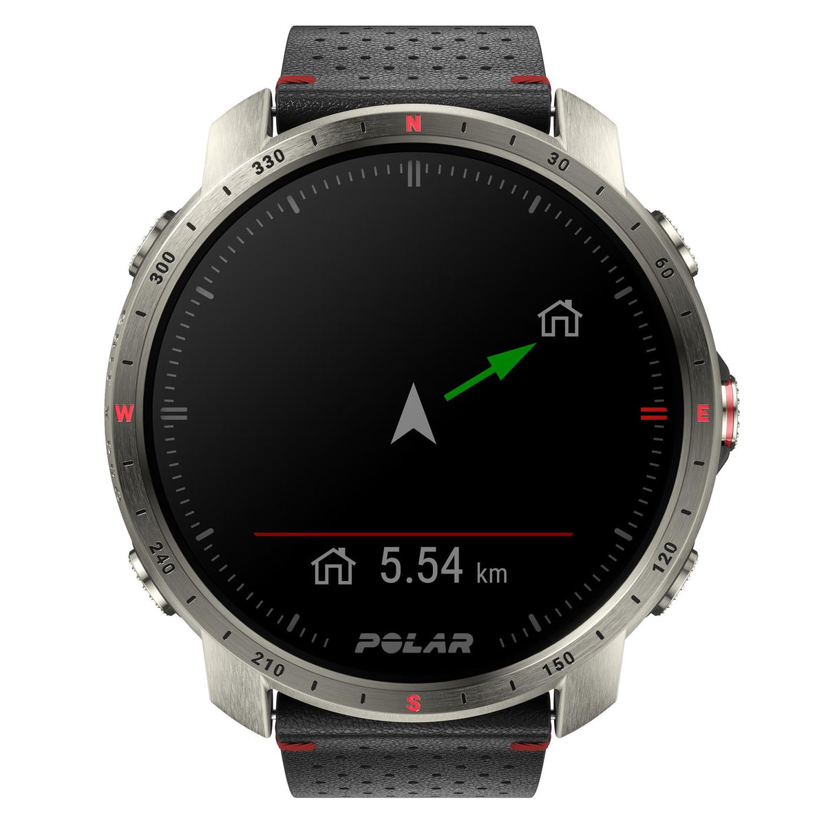 Titan grey sports watch with black dial and black rubber strap, distance 5.54 km and arrow
