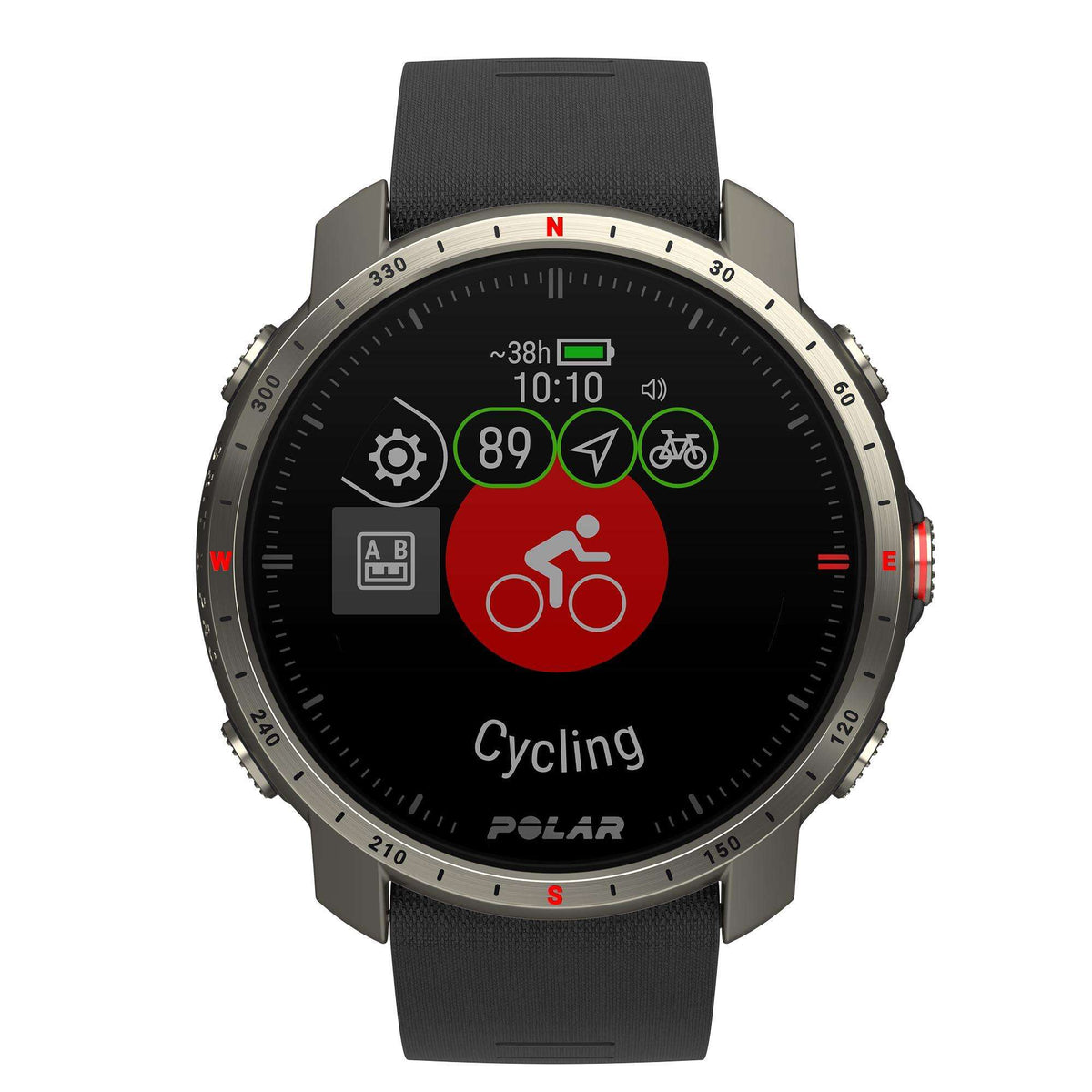 Grey case smartwatch with black rubber strap; black cycling screen with icons and “89”