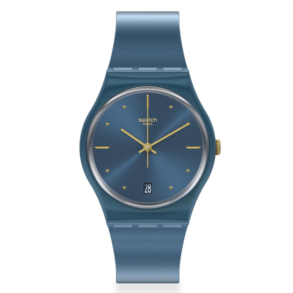 Round Swatch blue quartz watch with gold markers and blue silicone strap