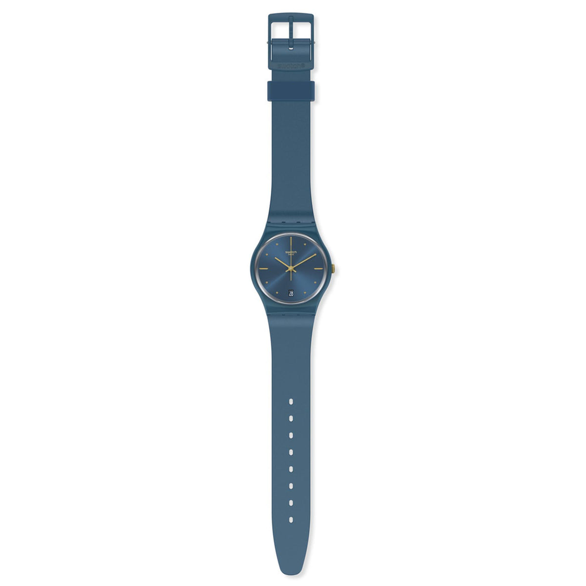 Blue quartz watch with blue silicone strap and rectangular buckle, dial facing up