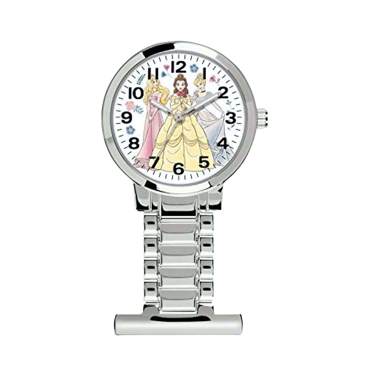 Round ladies nurse watch with white dial and silver stainless steel link bracelet.