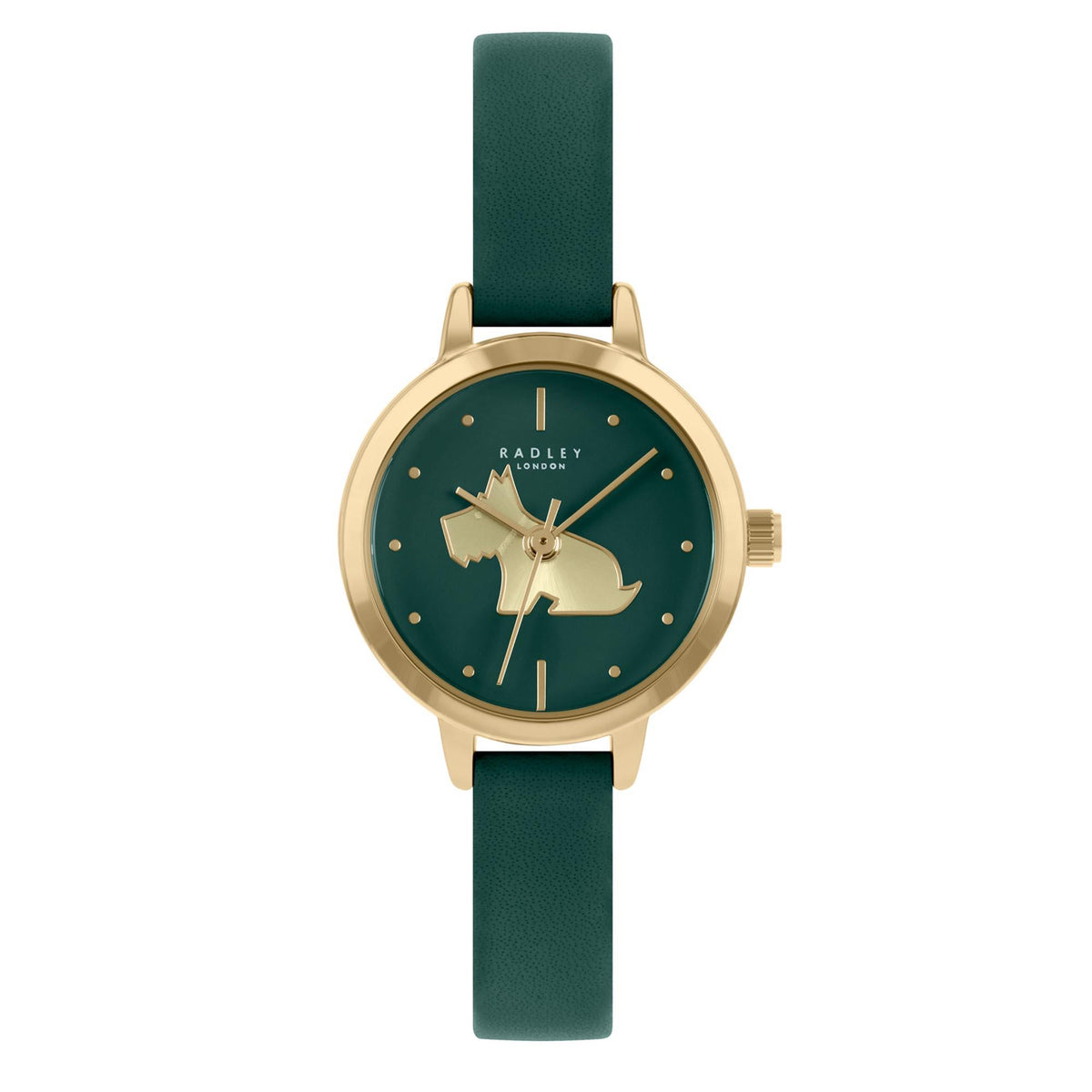 Round gold quartz watch with teal leather strap and green dial with horse centerpiece