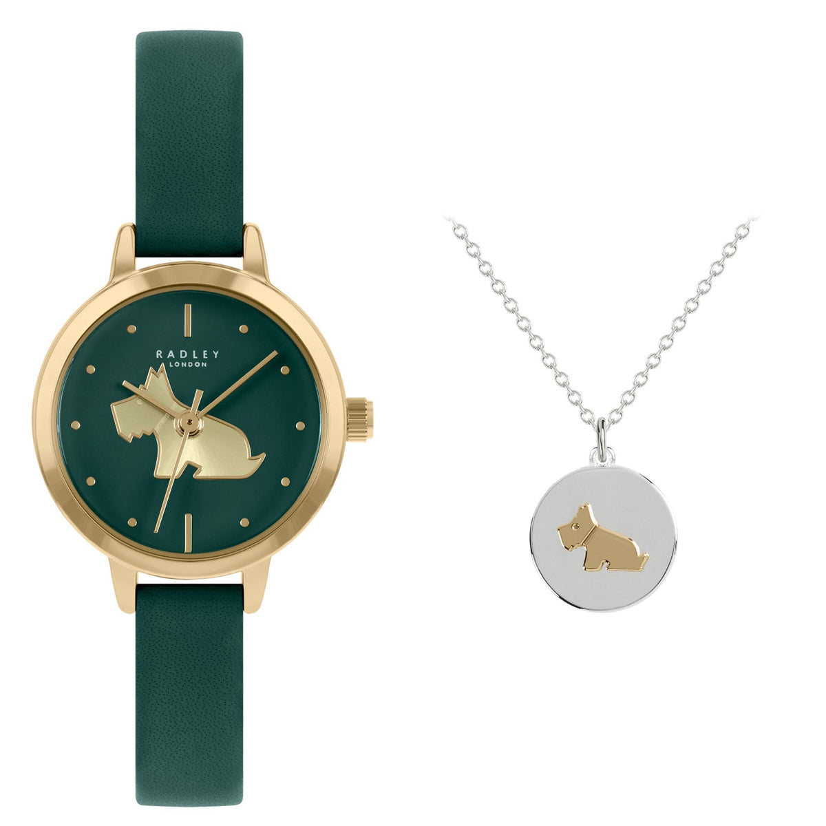 Quartz watch with dark green dial, gold case, green leather strap; dog pendant necklace set