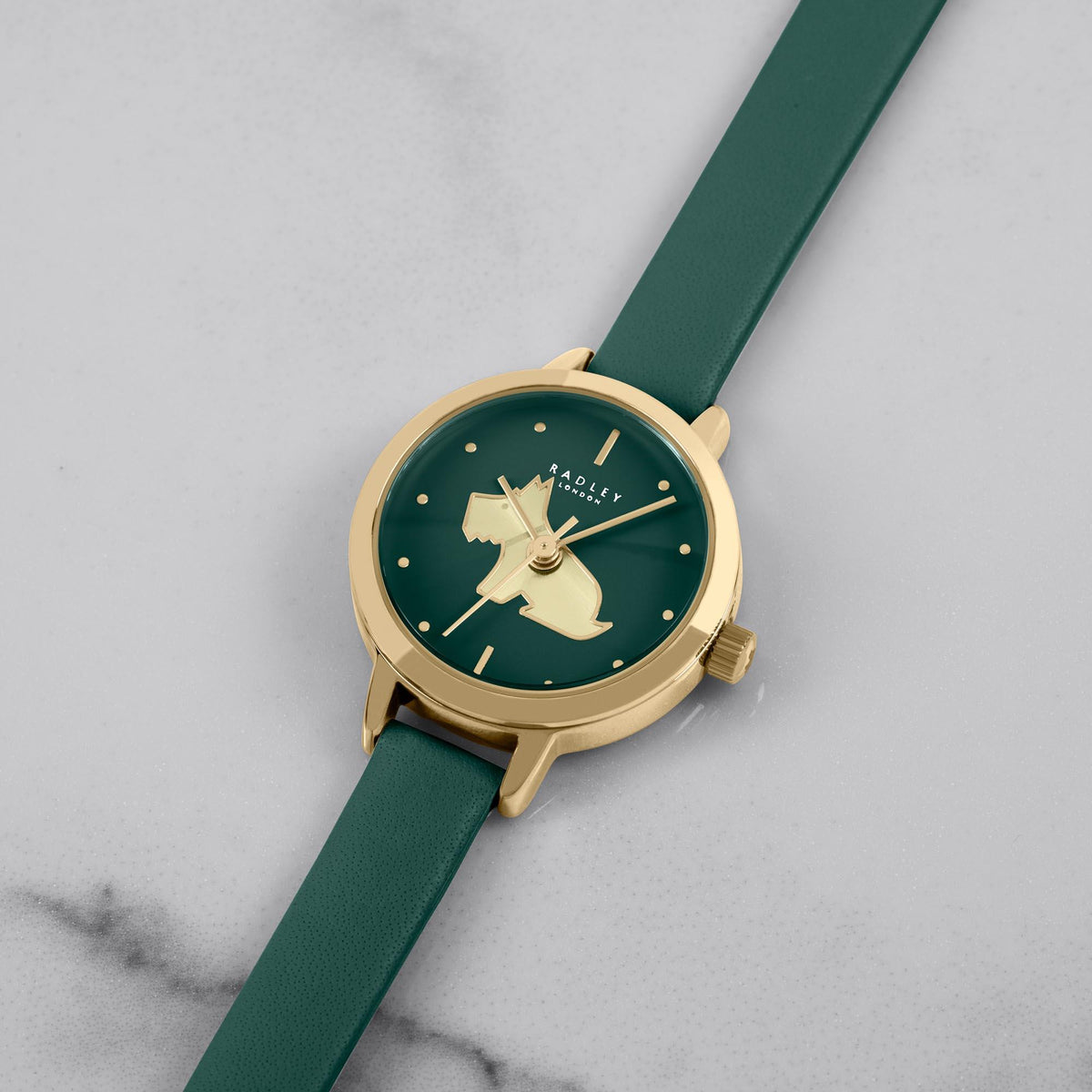Quartz watch round dial, gold-tone case, dark green leather strap