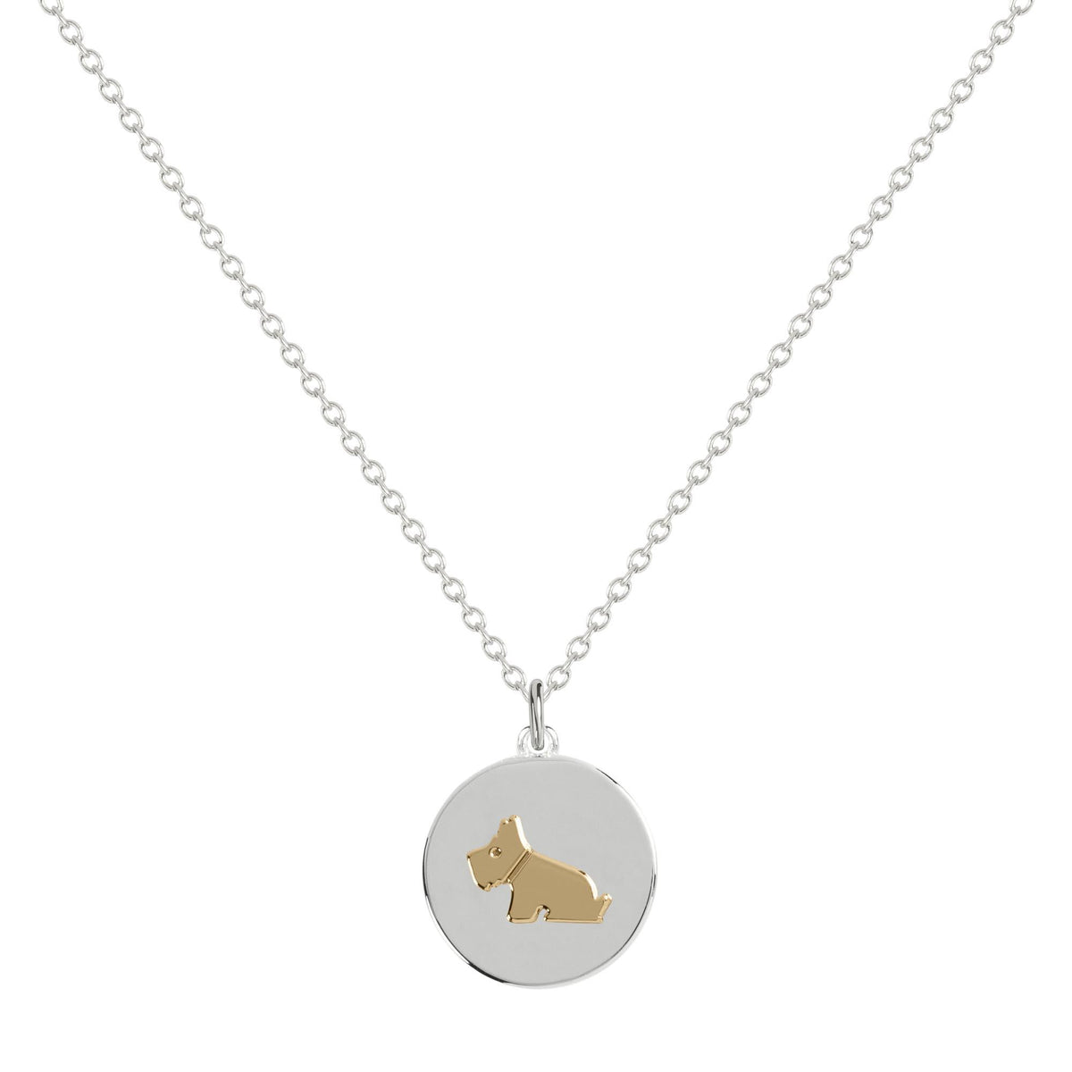 Silver-tone chain necklace with round pendant featuring gold-tone dog silhouette