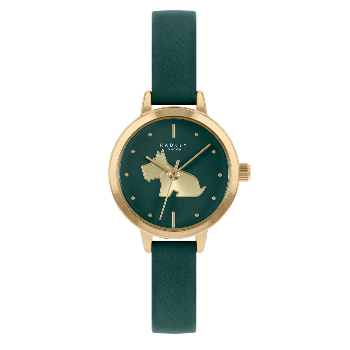 Front view of teal leather quartz ladies watch with green dial and gold-toned case