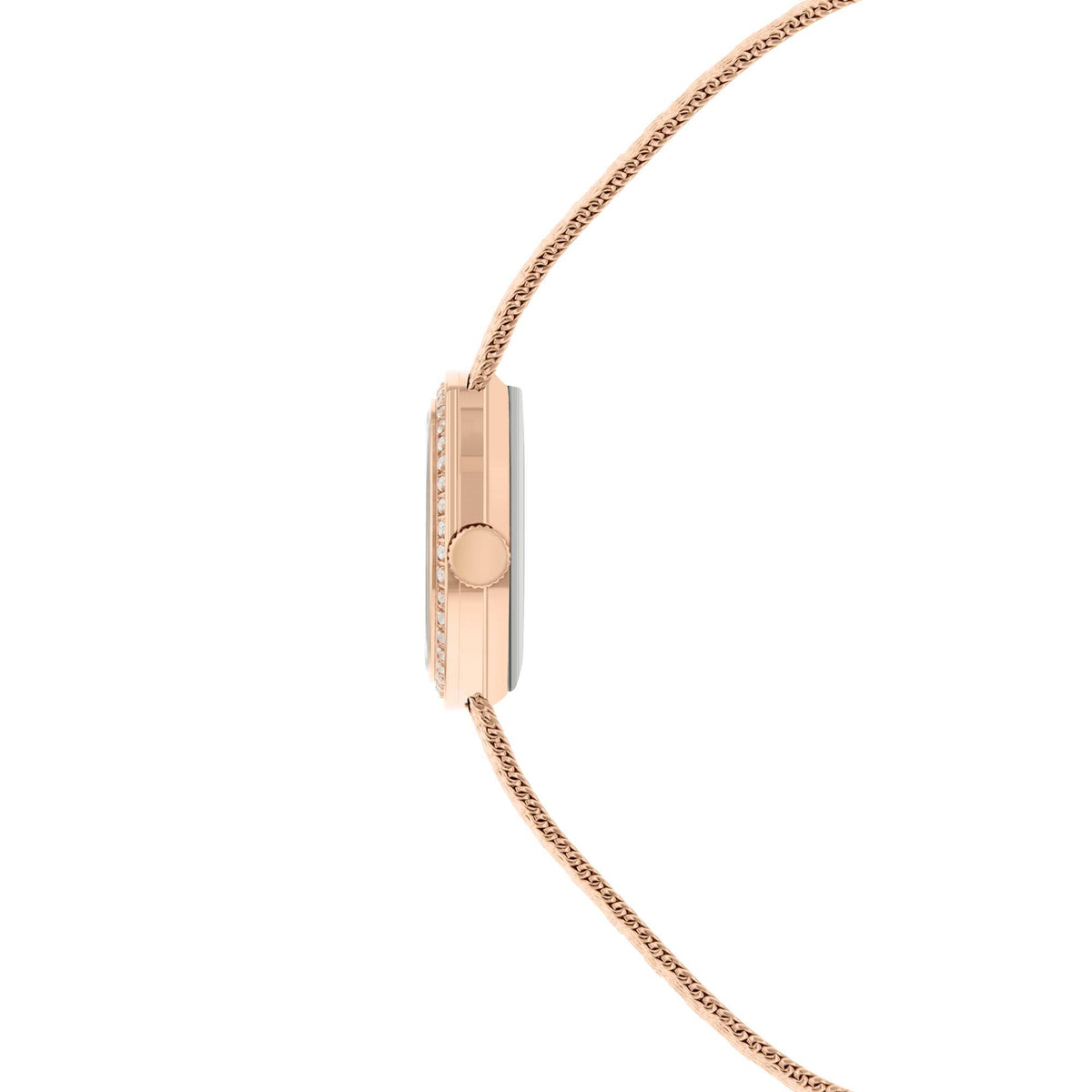 Rose-gold tone quartz wristwatch with crown and mesh strap, profile side view