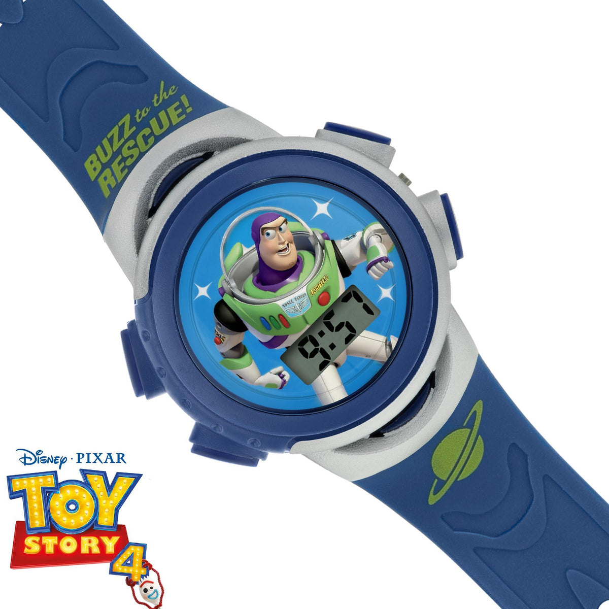 Kids diagonal view of blue and white plastic digital watch, round face with Buzz artwork