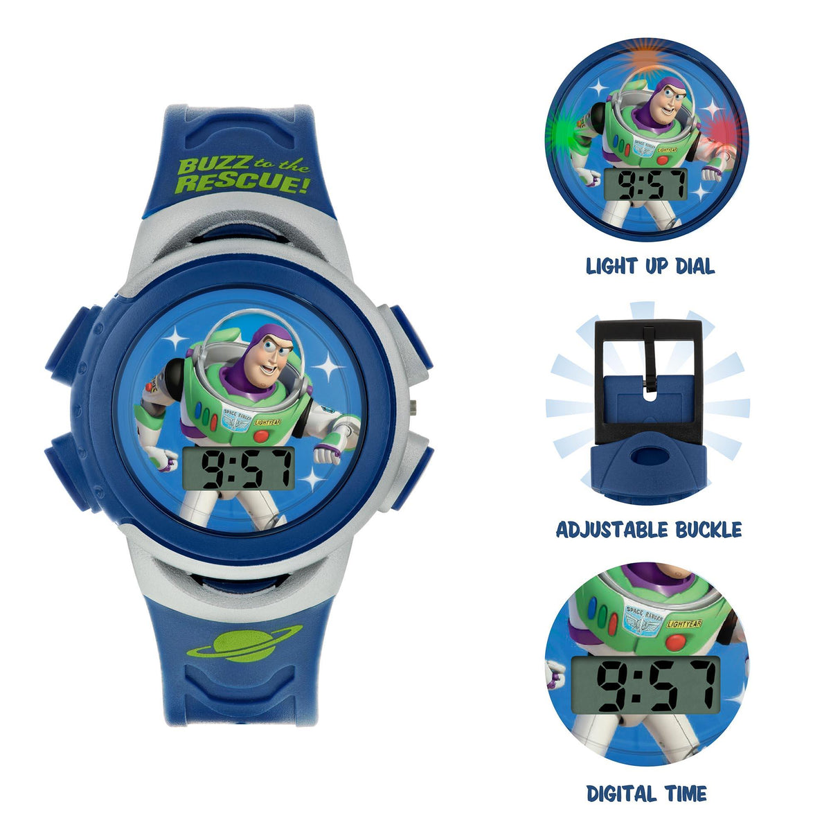 Kids blue and white plastic digital watch set view: light-up dial, adjustable buckle, digital time