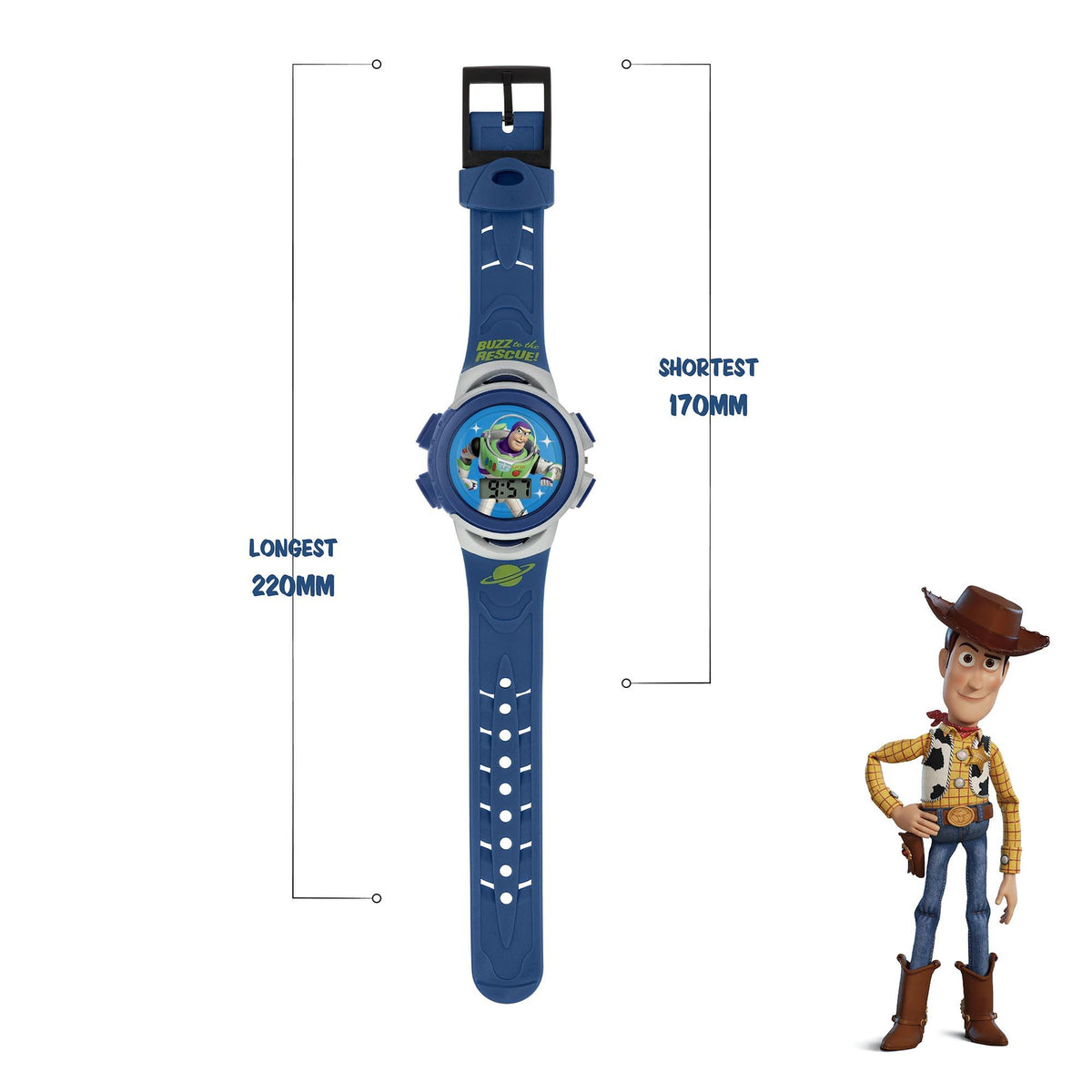 Kids blue plastic digital watch on white background, front dial with Buzz art and size measures