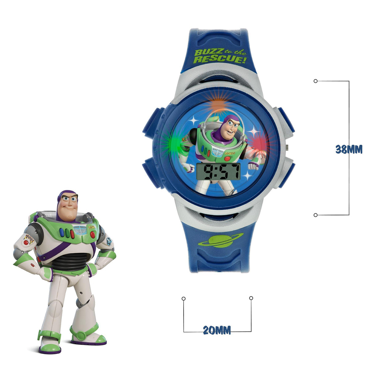Kids digital quartz watch with white and blue plastic strap, blue round face, Toy Story art
