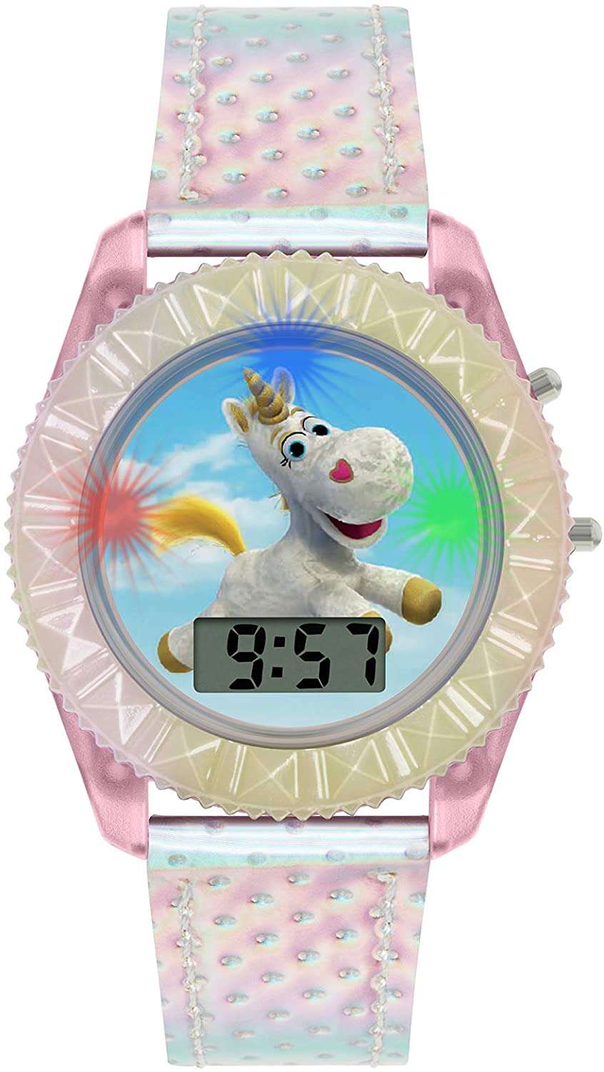 Kids pink plastic digital watch with silver bezel, round face showing Buzz and Woody and digital time