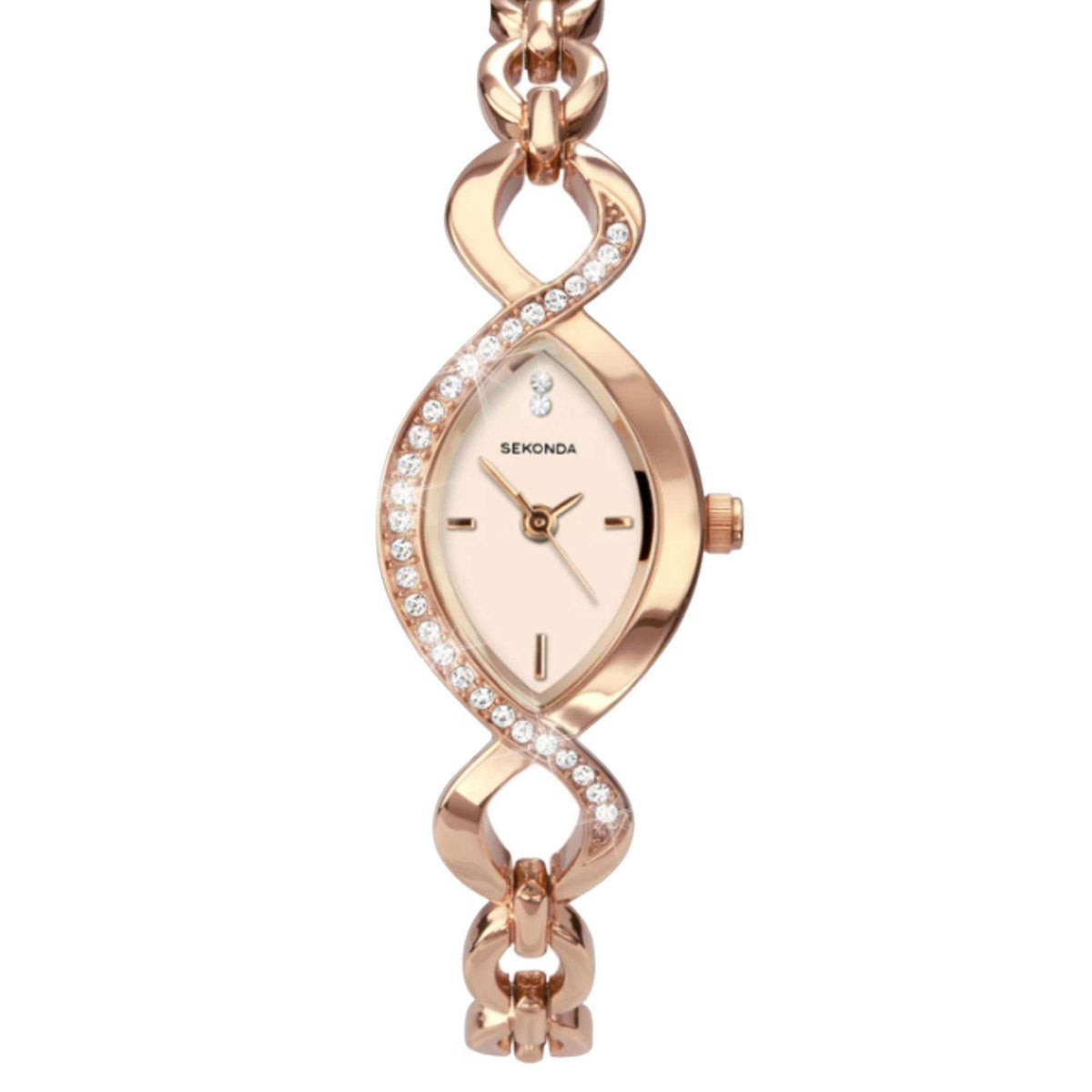 Rose gold quartz watch with white dial and rhinestone hour markers, crown on right