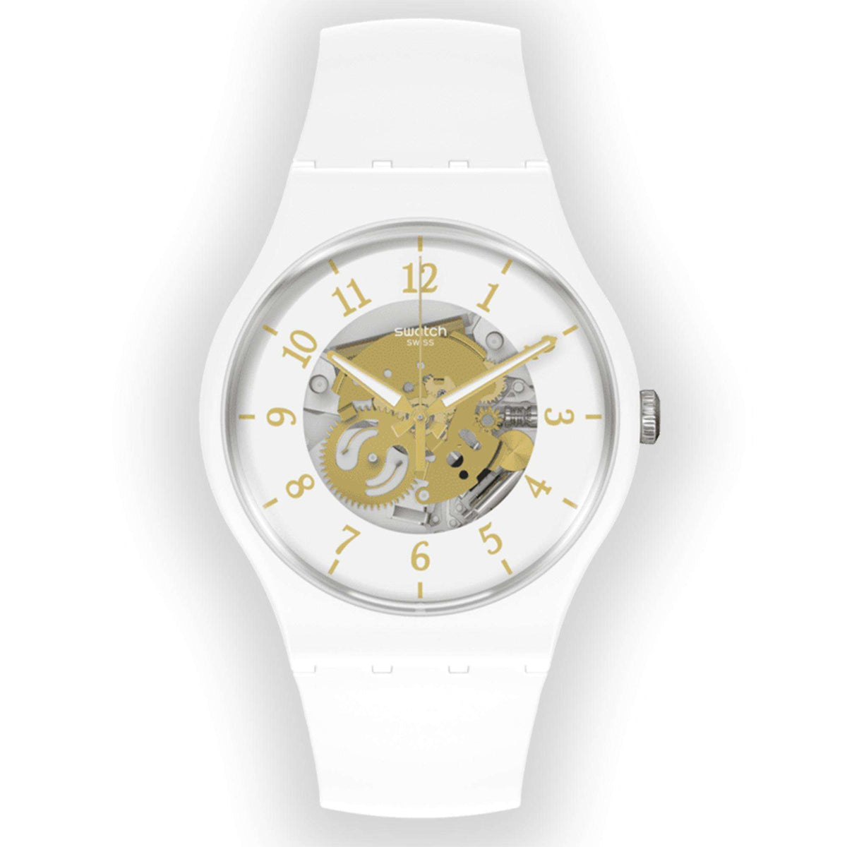 White silicone quartz watch with gold-tone skeleton dial, round silver case, gold markers